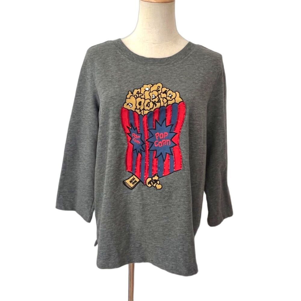 Modcloth Grey Sweatshirt Popcorn Novelty Large 3/4 Sleeves Movies